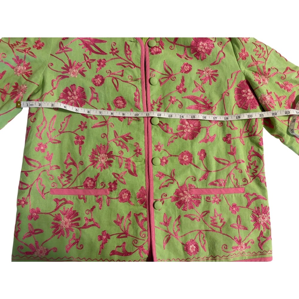 David Brooks Womens Linen Floral Embroidered Blazer Jacket Green Pink Size M - Picture 6 of 9